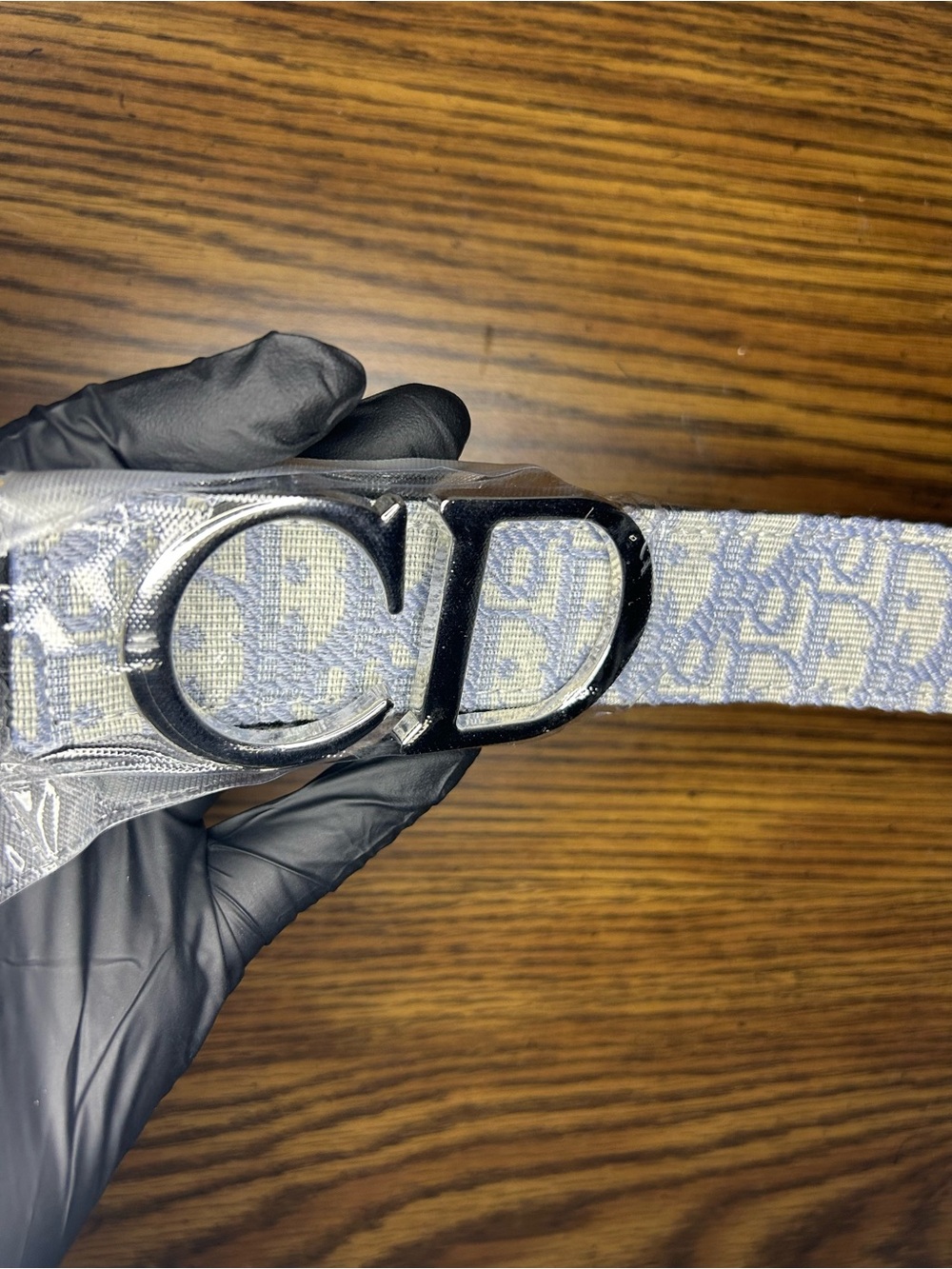Dior Men's CD Buckle Belt in Light Blue and Cream Oblique Canvas